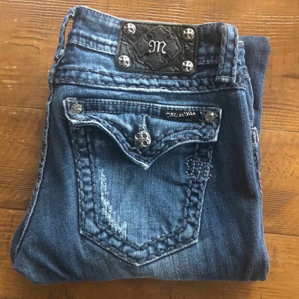 Miss Me Straight Leg Bling Rare Blue Stitch Distressed Jeans
